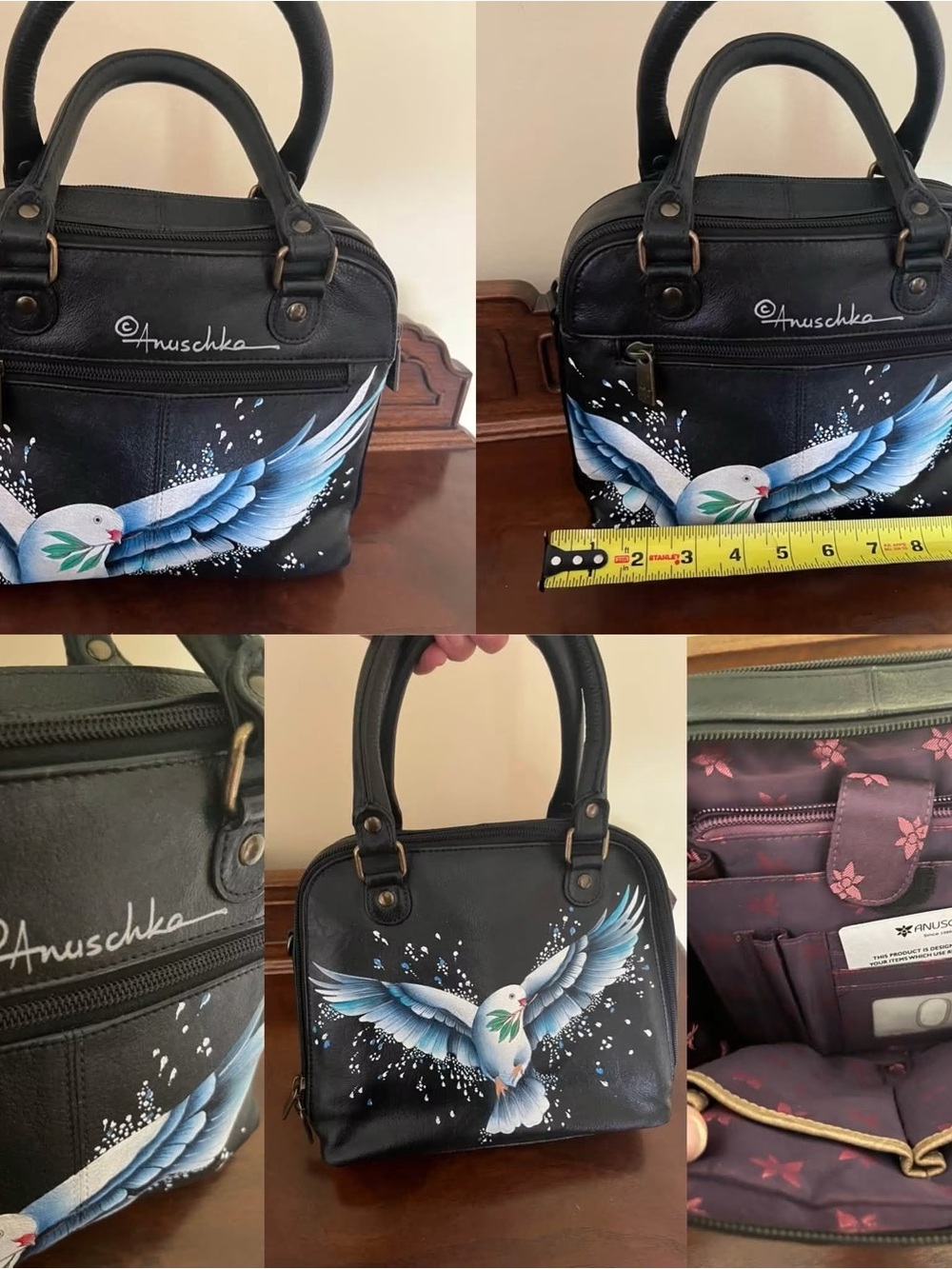 Anuschka Black Hand-Painted White & Blue Dove Leather Satchel